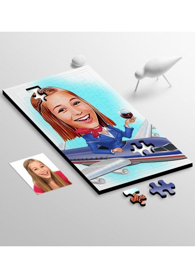 Kişiye Özel Hostes Karikatür 104 Parça Ahşap Puzzle - 1