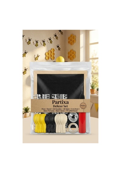 Bal Arısı Temalı Doğum Günü Süsleme Deluxe Set Siyah Keçe Yazı Panosu Standlı Balon Zincirli 7li Şeffaf Balon Standlı 1 Yaş Seti