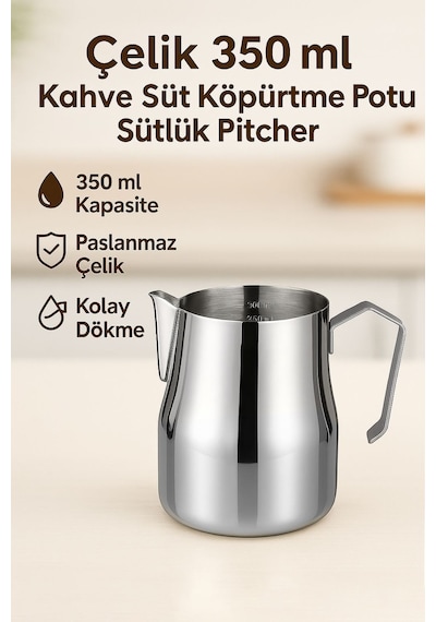 Çelik 350 Ml Kahve Süt Köpürtme Potu Sütlük Pitcher Mt190