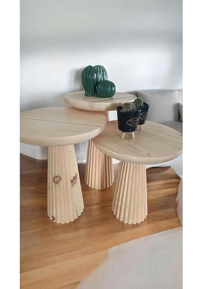 El Yapımı Ahşap Sehpa 3 Lü Set Naturel Renk Zigon & Fiskos Bej