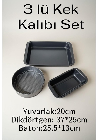 3 Lü Kek Kalıbı Seti, Fırın Tepsisi, Baton Kek Kalıbı Gri