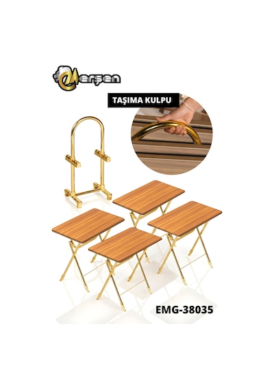 Eranş Serisi 4'lü Katlanır Mdf Mebran Ahşap Çanta Zigon Sehpa Gold Ayak Atlantik Çam Desen Gold Ayak