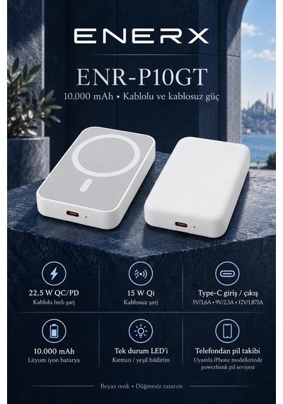 eNeRX ENR-P10GT 10.000 mAh 22.5Watt Hızlı Şarj MagSafe Powerbank Beyaz