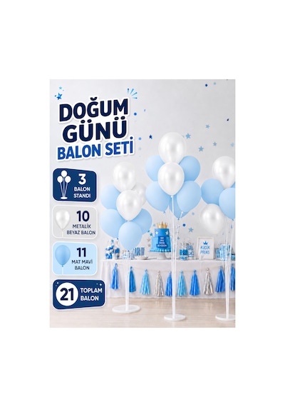 21 Balonlu Doğum Günü, Kutlama, Parti Balon Seti - 3 Adet Balon Standı - 21 Balon Adet Balon - Parti Süsleme - Bebek Partileri Beyaz - Mavi