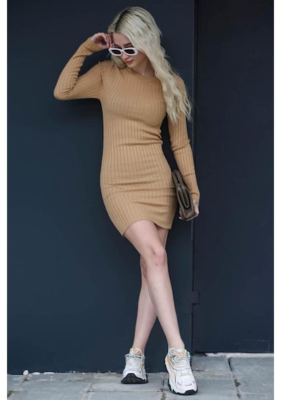 Madmext Bej Bodycon Fitilli Mini Elbise Mg1710-bej