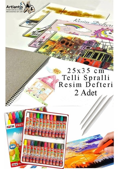 24 Renk Fatih Pastel Boya 25x35 Cm Telli Spralli Resim Defteri Pastel Dağıtma Kalemi 15 Yaprak Resim Defteri Yağlı Çok Renkli