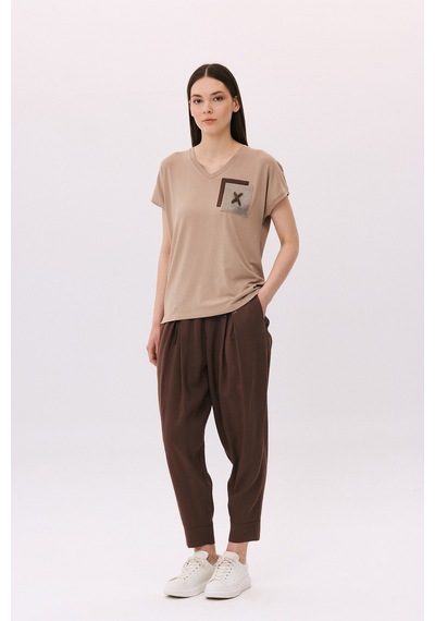 Daido Kadın V Yaka Düşük Kollu Penye T-shirt 6226 Sütlü Kahve