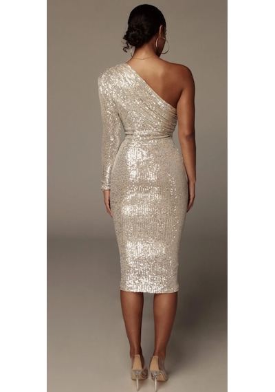 Hanife Glam Couture Hanife Glam Pulpayet Işlemeli Tek Kollu Midi Elbise Gümüş