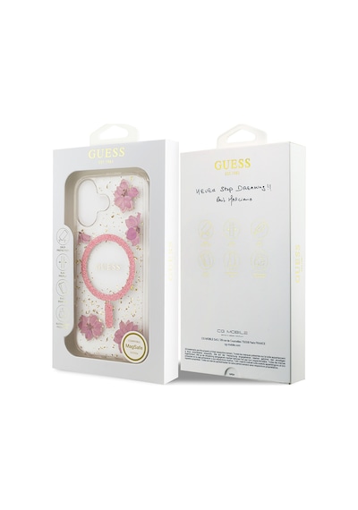 Apple Uyumlu iPhone 17 Kılıf Guess Lisanslı M-safe Özellikli Transparan Resin Flowers Kapak Pembe Pembe