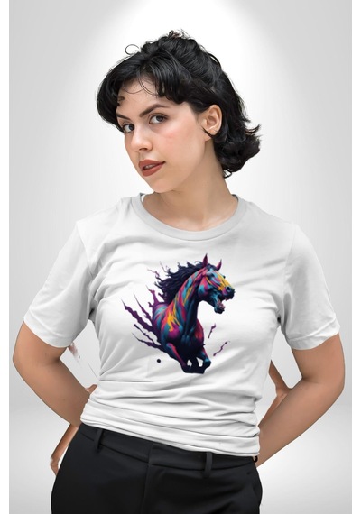Renkli At Koşu Unisex Unisex Beyaz Organik Baskılı T-shirt Penye Yüksek Kalite Beyaz