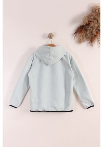 Monox Lastik Manşetli Fermuarlı Kapüşonlu Çocuk Unisex Polar Ceket Su Yeşili