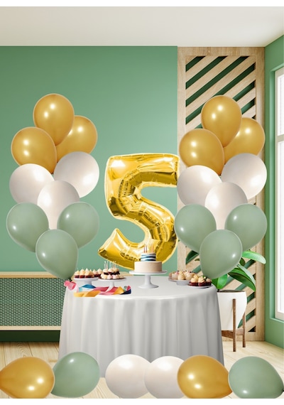 5 Yaş Küf Yeşili Temalı Doğom Günü Seti Metalik Gold Kum Beji Küf Yeşili Balonlar Gold Folyo Rakam Çok Renkli