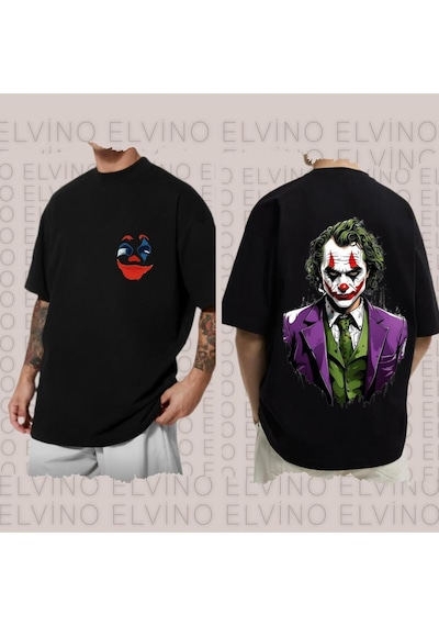 Noıssey Siyah Joker Baskılı Oversize Unisex Kadın/erkek Siyah Bisiklet Yaka