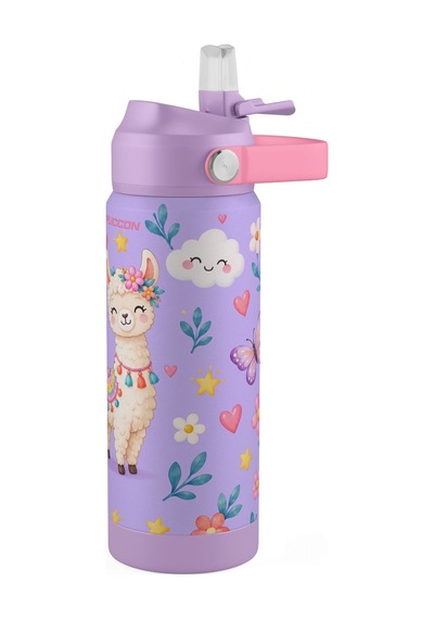 Puccon 540 Ml Sevimli Lama Baskılı Lila - Beyaz Kız Çocuk Pipetli Çelik Termos Matara/suluk - 60047