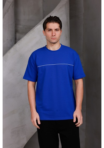 Erkek Garnili Şeritli Oversize Bisiklet Yaka 2 İki İplik Kompakt T-shirt Saks