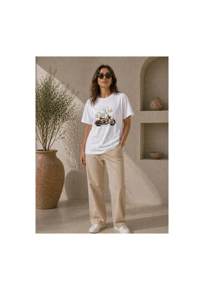 Butik İstanbul Motosiklet Baskılı Tişört Bisiklet Yaka Kısa Kol Yazlık T-shirt - Beyaz