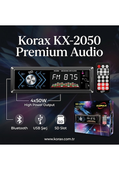 Korax Kx-2050 Spektrum Ekranlı Bluetooth Oto Teyp Mosfet 4x50w Ses Çıkışı Single-dın Mp3 Çalar