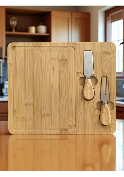 Doğal Bambu Bıçaklı Peynir Servis Sunum Tabağı Kahvaltı Sunum Tahtası Seti 3 Parça 30x25 Cm Kahverengi