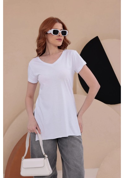 Bbbutikbasic Yırtmaçlı Uzun Basic Tişort Hkn34 Beyaz