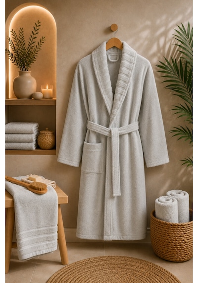 Carla Havlulu Bornoz Seti Unisex Bornoz + 50x90 Baş Havlusu, Yumuşak Dokulu, 340 Gsm, S/m - L/xl Açık Gri