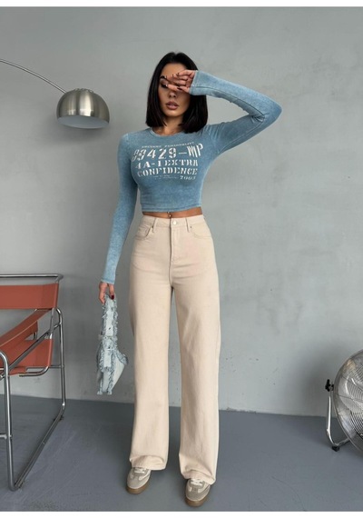Bej Denım Kumaş Wide-leg Pantolon Bej