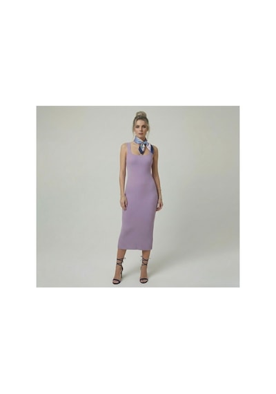 Neden Tekstil Premium Fit Kare Yaka Fitilli Triko Midi Elbise - Lila