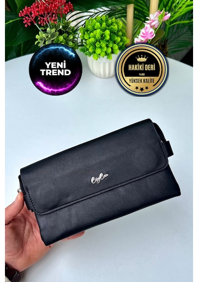 Boss Black Hakiki Deri Mıknatıslı Erkek El Çantası Siyah