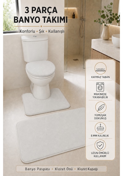 3 Lü Banyo Paspası Halısı Seti Kaymaz Tabanlı Yıkanabilir Klozet Takımı Açık Gri
