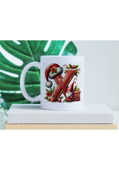X Harfi Cüce Noel Baba Figürlü Kupa Bardak - Yeni Yıl / Yılbaşı Temalı Işıltılı Alfabe Tasarım Beyaz