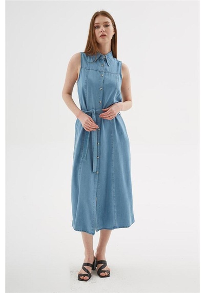 Denim Gömlek Elbise Mavi Mavi