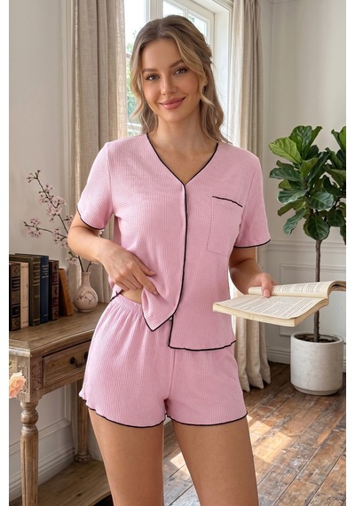 Bella Notte Pembe Kısa Kollu V Yaka Biye Detaylı Pijama Takımı Toz Pembe
