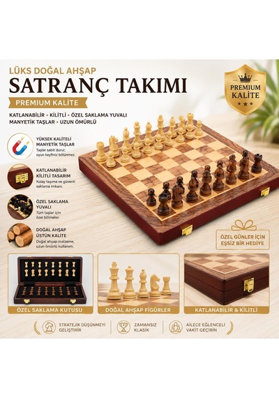 Lüks Doğal Ahşap Manyetik Satranç Takımı 29x29 Cm Katlanabilir Özel Yuvalı Premium Satranç Seti