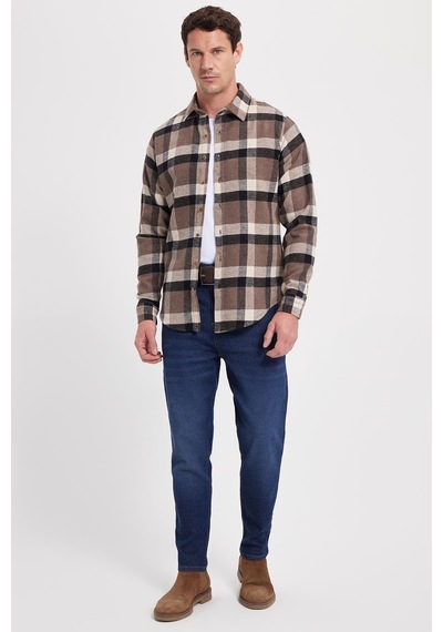 Tudors Erkek Slim Fit Dar Kesim Kareli Kışlık Oduncu Gömlek-42350 Kahverengi