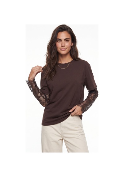 Onloox Kadın Kahverengi Acı Kahve Pamuklu Bisiklet Yaka Oversize Transparan Dantel Uzun Kol Detaylı T-shirt