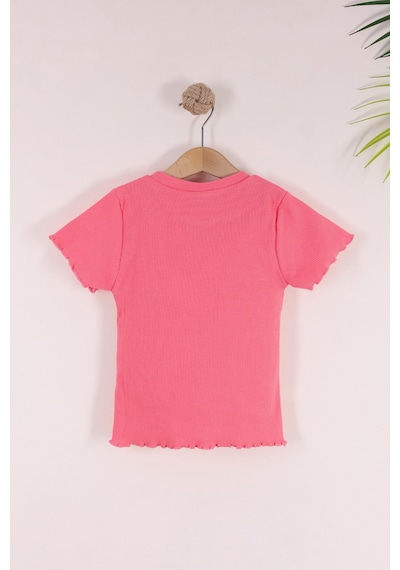 Monox 5-12 Yaş Kız Çocuk 3'lü Nakışlı Fitilli Tshirt Likralı Esnek Yazlık Body Set Taş Yeşil Nar