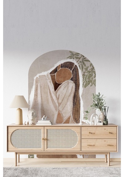 Kendiliğinden Yapışkanlı Kumaş Kanvas Dokulu Duvar Kağıdı Bohem Soyut Kadın Boho Oval Duvar , Salon Renkli