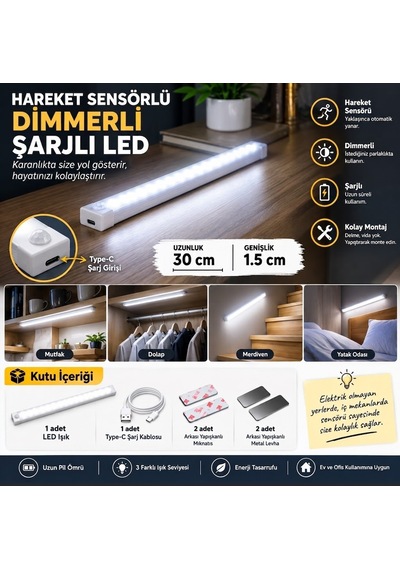 Hareket Sensörlü Şarjlı Led Lamba 30 Cm Beyaz Renk