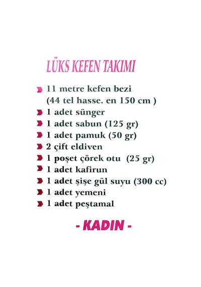 Bayan Cenaze Levazımatı - Kefen Takımları BAYAN KEFEN TAKIMI