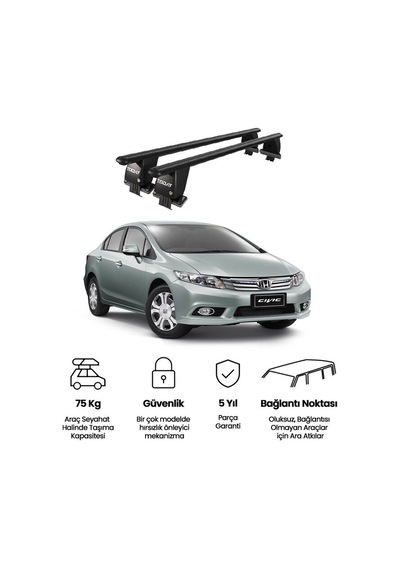 Royal Honda Civic Ix 2012-2015 Uyumlu Siyah Kilitli Ara Atkı Port Bagaj Tavan Barı