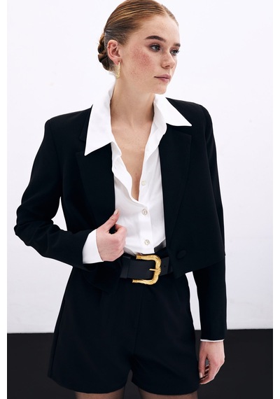 Sateen Kısa Krep Ceket - Siyah