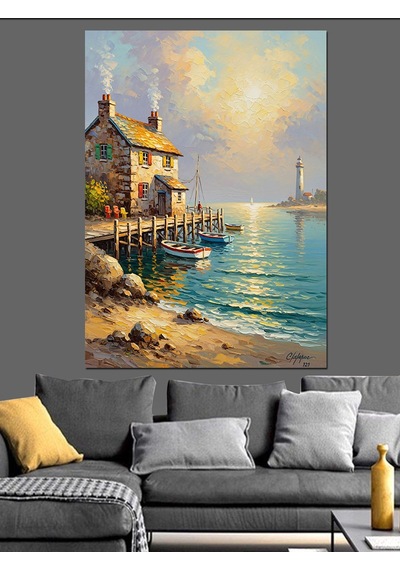 Ahşap Tablo Limanda Küçük Balıkçı Evi Yiyecek Ve İçecek Tabloları