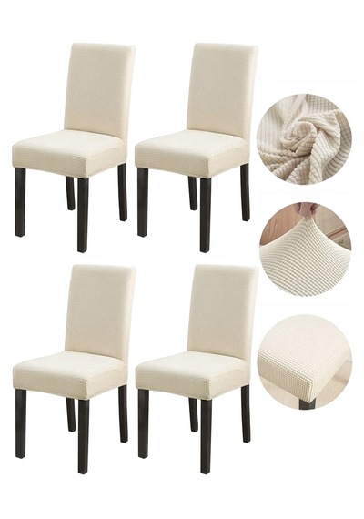 Bambu Nano Kumaş Likralı Lastikli Sandalye Kılıfı Yıkanabilir Esnek Sandalye Örtüsü 4 Lü Set Krem
