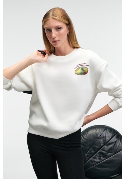 Grımelange Vıstara Kadın Nakış Detaylı Yuvarlak Yaka Regular Fit Beyaz Sweatshirt Beyaz
