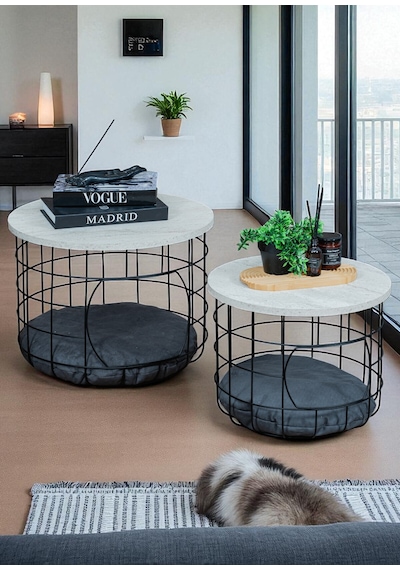Beyaz Çok Amaçlı Kedi Yuvalı Metal Sepetli 2 Li Orta Sehpa