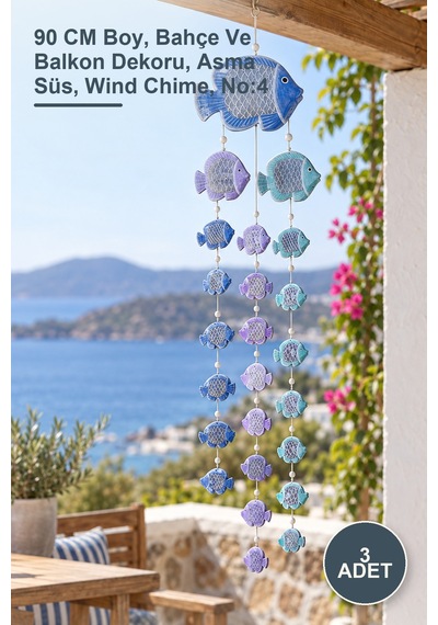 3 Adet Balıklı Asmalı Rüzgar Çanı 90 Cm Boy, Bahçe Ve Balkon Dekoru, Asma Süs, Wind Chime, No:4