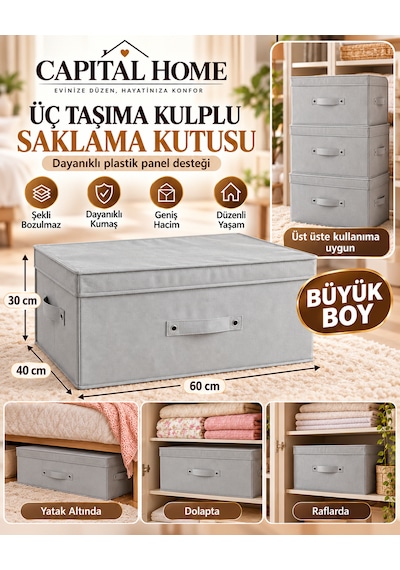 Capital Home Çok Amaçlı Düzenleyici Hurç + Saklama Kutusu +kapaklı Büyük Boy 60 X 40 X 30 Cm Gri