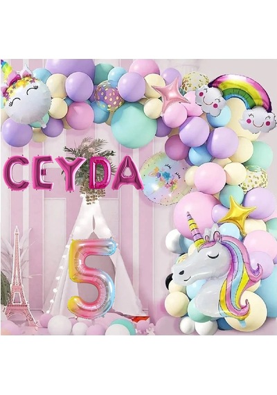5 Harfli Yaş Seçenekli Gökkuşağı Konseptli Unicorn Temalı Makaron Balon Doğum Günü Parti Kutlama Seti 7