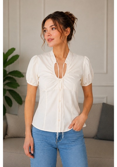 Verymoda Yakası Büzgülü Balon Kol Kadın Gömlek Krem