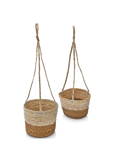 2'li Asılabilir El Yapımı Ve Doğal Çift Renk Yuvarlak Hasır Saksılık Seti, 2'li İpli Asılabilir Hasır Yuvarlak Saksı Seti 23cm 18cm-20cm 15cm