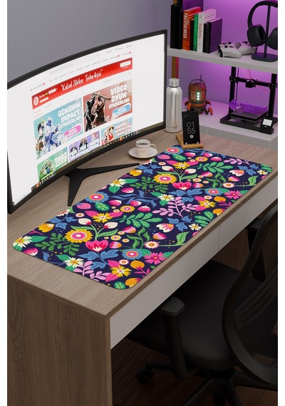 Çiçek Desenleri Kaymaz Dikişli Kauçuk Oyuncu Mousepad V2 - 90x40 Xxl Gaming Mouse Pad Fare Altlığı